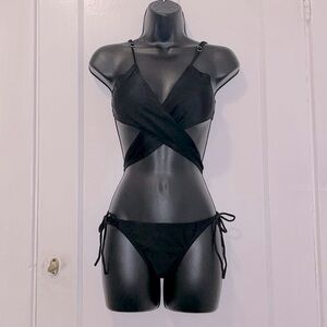 New Black Criss Cross 2 Piece String Tie Bikini Swimsuit Bathing Suit Set M